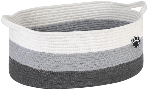 Optish Dog Toy Basket, 30L Toy Box and Bin for Dog Cat Storage, 19.7" X 11" X 7.9" Large Woven Rope Basket for Blankets, Living Room, Bedroom, White & Grey