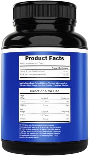 Vitamin B12 Supplement for Small Dogs & Cats with Cobalamin, Folate - Vitamin B12 Dogs and Cats Tablet Energy & Cognitive Support - 120 Chicken Flavored Chewable Tablets -Third Party Tested, Non GMO