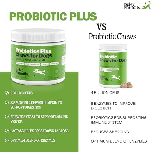 Deley Naturals Probiotics Plus Chews for Dogs - Gut Health Supplement with 5 Billion CFU's & Digestive Enzymes - Prebiotics for Dog Allergies, Diarrhea & Yeast - 90 Count Pumpkin Flavor Made in USA