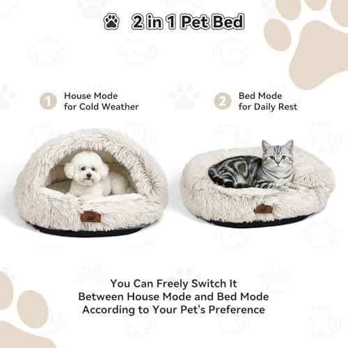 YooxArmor Round Covered Cat Bed Cave Dog Bed for Small Medium Pets,Brown,M
