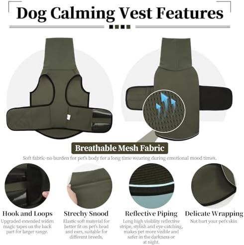 ROZKITCH Dog Anti-Anxiety Vest, Breathable Jacket for Fireworks & Travel, Adjustable Calming Hoodie for Noise Block & Ear Protection ArmyGreen 3XL
