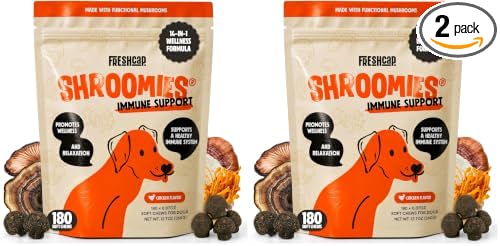 FreshCap Mushrooms Shroomies - 13 in 1 Turkey Tail Mushroom for Dogs, Super Blend Mushroom Supplement for Dogs, Dog Immune Support, Calming Treats (180 Soft Chews) (Pack of 2)