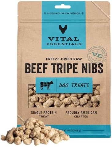 Vital Essentials Freeze Dried Dog Treats, Beef Tripe Nibs, 14 oz Bag