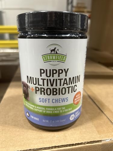 Strawfield Pets Puppy Multivitamin + Probiotics for Dogs Puppy Vitamins with Joint Support Supplement for Dogs & Puppies Peanut Butter Flavor 120 Crumbly Soft Chews