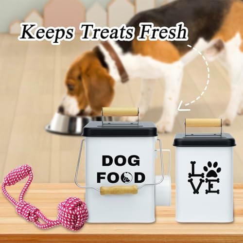 Dog Food Storage Container Set of 2 Dog Treat Container with Airtight Lids Dog, Metal, White