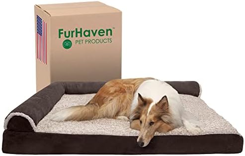 Furhaven Cooling Gel Dog Bed for Large Dogs w/ Removable Bolsters & Washable Cover, For Dogs Up to 125 lbs - Two-Tone Plush Faux Fur & Suede L Shaped Chaise - Espresso, Jumbo Plus/XXL