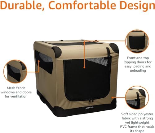 Amazon Basics Portable Folding Soft Dog Crate, Double Door, Large 36x24x24in, Tan