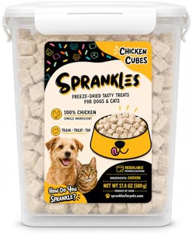 Freeze Dried Chicken Treats for Dogs & Cats – 17.6oz Tub, Single Ingredient Raw Chicken Cubes, Grain-Free High Protein Food Topper, Resealable Tub