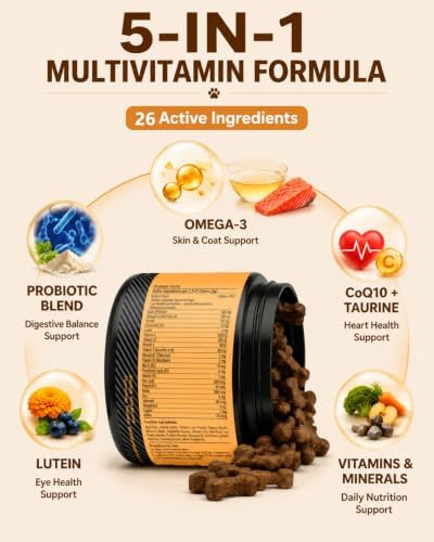 Dog Multivitamin Soft Chews: 5-in-1 Formula with CoQ10, Omega-3 and Lutein | 26 Essential Nutrients to Support Skin & Coat, Heart, Eye, Digestive Health & Daily Nutrition, Chicken Flavor