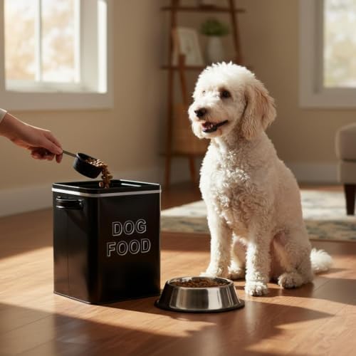 Morezi Metal Dog Food Storage Container Airtight Pet Food Treat Bin 6 lbs, 6 lbs, Carbon Steel, Black