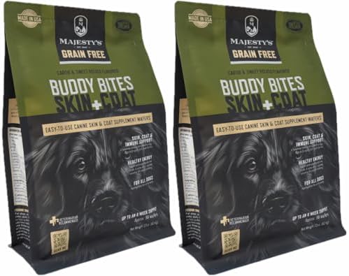 Majesty's Grain-Free Buddy Bites Skin and Coat Wafers for All Dogs - Superior Skin, Coat, and Immune Support Supplement - Carob and Sweet Potato Flavored - 2 Pack (112 Count Total)