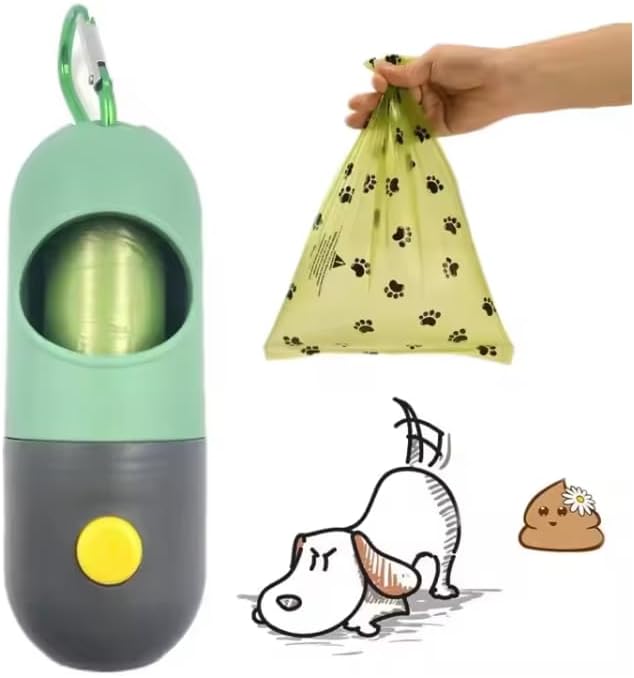 Portable Dog Poop Bag Dispenser with LED Flashlight, Refillable Waste Bag Holder with Carabiner Clip (Dark Gray)