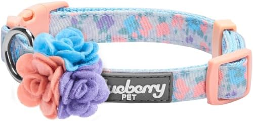 Blueberry Pet Dog Collar, Adjustable Floral Print Puppy Collar in Lavender with Removable Flower, Small 12"-16" Neck, Cute Girl Dog Accessories, Pink Dog Collars for Small Dogs, Safe Fit