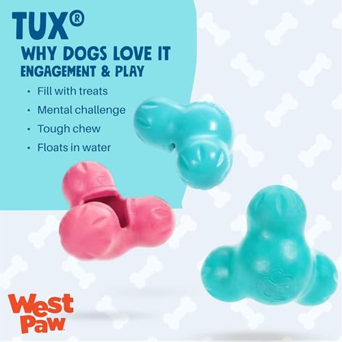 WEST PAW Zogoflex Tux Treat Dispensing Dog Chew Toy – Interactive Chewing Toy for Dogs – Dog Games for Aggressive Chewers, Fetch, Catch – Holds Kibble, Treats, Small 4", Geranium