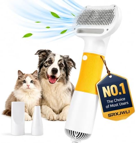 3 in 1 Pet Hair Dryers And Comb Brush High Velocity Blower for Dog Grooming | Portable Quiet Handheld Slicker with Steam Deshedding Intelligent Airflow System for Cats, Puppies and Professional(Yellow)