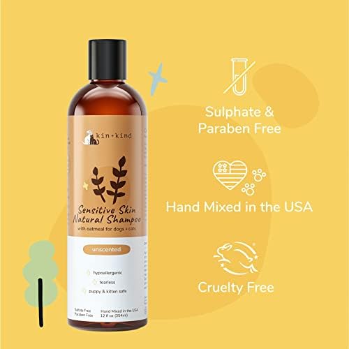 kin+kind Sensitive Skin Natural Dog and Cat Shampoo - Gentle Oatmeal Clean - Fragrance Free - 12 fl oz