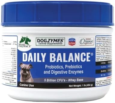 DOGZYMES Daily Balance Canine Supplement by Nature’s Farmacy – Probiotics + Prebiotics + Digestive Enzymes – 5 Billion CFUs – Whey Base – 1 lb (454 g)