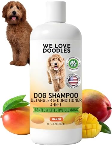 Dog Shampoo, Conditioner & Detangler, Hypoallergenic, Tearless, Mango, 16OZ | For Sensitive Itchy Skin, Hypoallergenic, Tearless, Best Shampoo For Smelly Dogs, Goldendoodle, Poodle & Doodle, Made in USA
