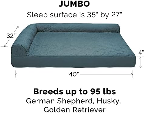 Furhaven Cooling Gel Dog Bed for Large Dogs w/ Removable Bolsters & Washable Cover, For Dogs Up to 95 lbs - Pinsonic Quilted Paw L Shaped Chaise - Bluestone, Jumbo/XL