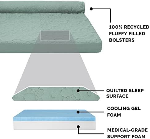 Furhaven Cooling Gel Dog Bed for Large Dogs w/ Removable Bolsters & Washable Cover, For Dogs Up to 95 lbs - Pinsonic Quilted Paw L Shaped Chaise - Iceberg Green, Jumbo/XL