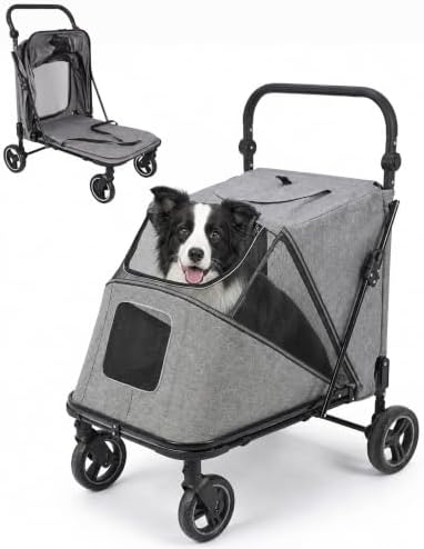 Large Dog Stroller for Medium Dogs - Gray, up to 110lbs, Easy Entry