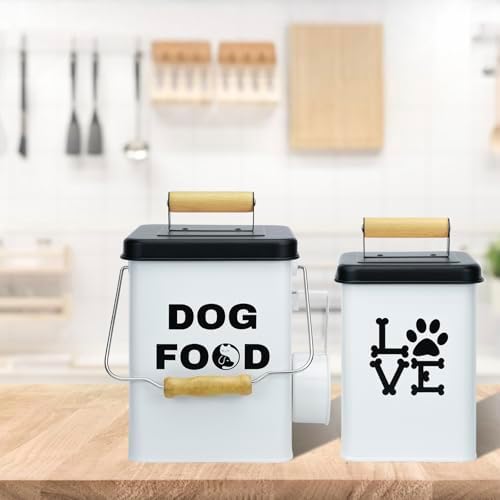 Dog Food Storage Container Set of 2 Dog Treat Container with Airtight Lids Dog, Metal, White