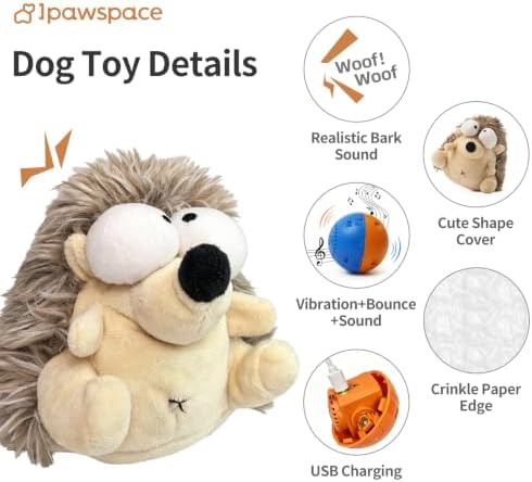 Interactive Dog Toys, Moving Squeaky Plush Dog Toy-Hedgehog | Gentle/Average Chewer,Bounce+Vibration+Sound,Touch-activated,Washable Plush Cover,Type-C Rechargable