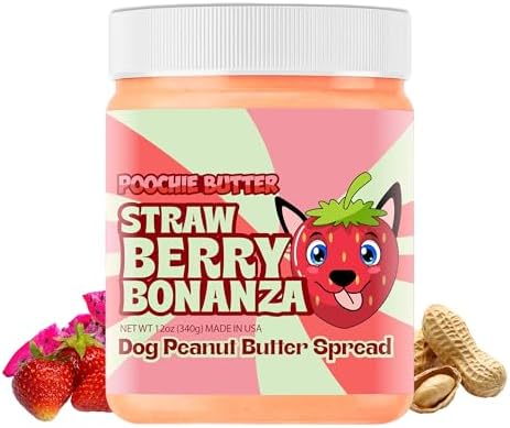 Poochie Butter Strawberry Dog Peanut Butter - Made in USA, Creamy Spread for Lick Mats & Food Toppers - Dry-Roasted Peanuts Non-GMO No Sugar Added Dog Treats - 12 oz (Pack of 1)