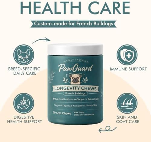 PawGuard French Bulldog Longevity Chews, Probiotics Digestive Enzymes Glucosamine and Chondroitin Soft Chews, Pork Flavor, Gut Skin Coat Immune Joint Support, 60 Count