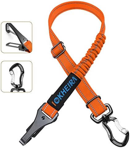 IOKHEIRA Dog Seatbelt - Orange, Adjustable Reflective Bungee, Aluminum Swivel Carabiner