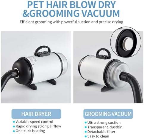 UNICOO Pet Dryer & Grooming Vacuum with Adjustable Speed & Temperature Control, Low Noise, 4 Nozzles, 1850 Watts, Blow Dry & Vacuum Functions for Dogs (White)