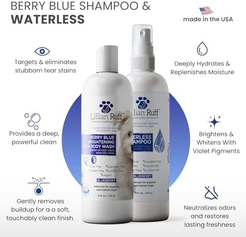 Lillian Ruff PRO Formula Berry Blue Brightening Dog Shampoo + Blueberry Waterless Dog Shampoo - Professional Whitening, Tear Stain Remover & No-Rinse Hydrating Odor Control, Aloe+Coconut Oil, USA Made