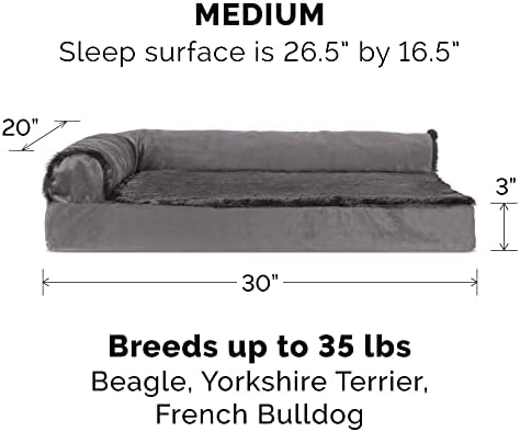 Furhaven Cooling Gel Dog Bed for Medium/Small Dogs w/ Removable Bolsters & Washable Cover, For Dogs Up to 35 lbs - Plush & Velvet L Shaped Chaise - Platinum Gray, Medium
