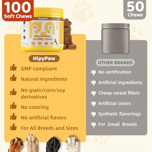 Glucosamine for Dogs, Hip & Joint Support Soft Chews with Chondroitin MSM, Green Lipped Mussel, Omega-3 & Turmeric, Joint Pain Relief,Mobility Support - Senior & Active Dogs, Chicken Flavor,100 Count