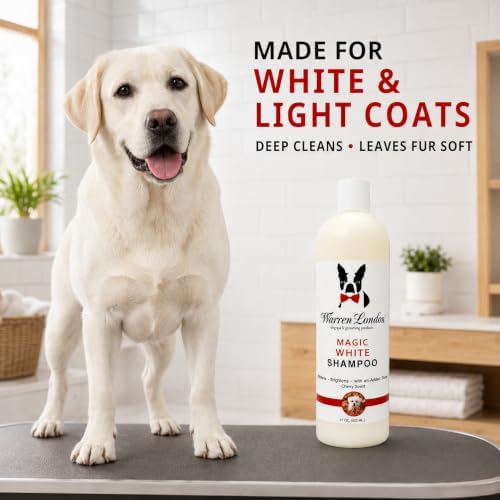 Warren London Magic White Dog Shampoo | Whitening Shampoo for White Dogs & Lighter Dog Coats | Puppy and Cat Safe Grooming Supplies | Cherry Scent | Made in USA | 17oz
