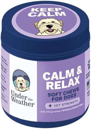 Under the Weather Calming Chews for Dogs | Vet Formulated Dog Calming Chew Treats | Natural Stress Support | Helps with Anxiety, Stress & Thunderstorms | Chicken Flavor Dog Calming Aid | 60 Count