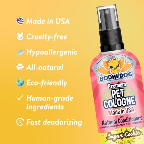 Bodhi Dog Premium Dog Cologne - Deodorizing Dog Perfume & Conditioner for Dogs & Cats - Natural Long Lasting Spray - Keeps Pets Fresh All Day - Gentle, Safe Formula, Made in USA (Sugar Cookie 4 Fl Oz)