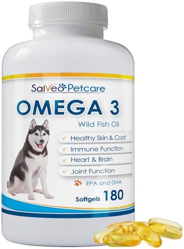 Omega 3 Fish Oil for Dogs - Natural Pet Supplement for Shiny Coat - Wild Caught More EPA & DHA Than Salmon Oil - 180 Capsules No Fishy Smell or Mess - Ideal for Medium Large Dogs