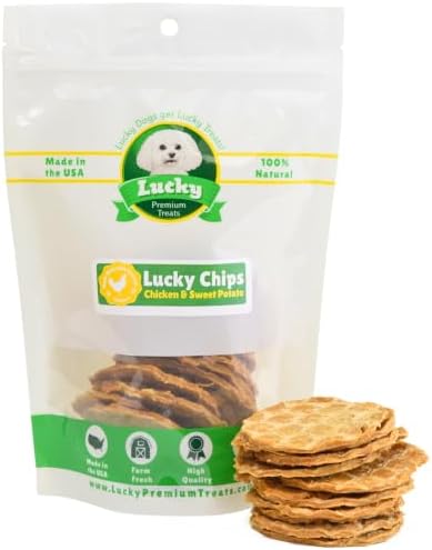 Lucky Premium Treats Lucky Chips Chicken & Sweet Potato Jerky Dog Treats - Single Ingredient Jerky Made in The USA - 3 oz. Bag