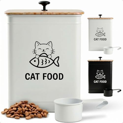 Metal Cat Food Container with Scoop 5-7 lb (25 Cup), w/ Airtight Bamboo Lid