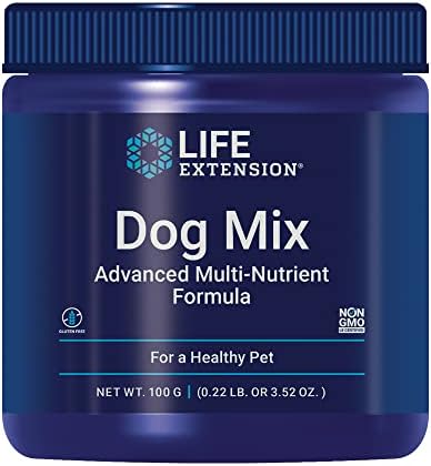 Life Extension Dog Mix, Dog Vitamins and Supplements, probiotics, L-carnitine, B12, folic Acid, Vitamin C, Vitamin E, Rosemary, Nutrient Absorption, Gluten-Free, Non-GMO, 60 Servings