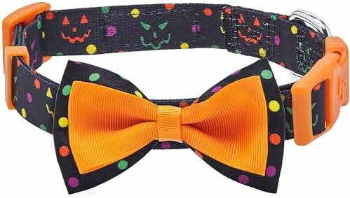 Blueberry Polka Dot Adjustable Dog Collar with Bowtie, Large Neck 18"-26", Perfect Halloween Collar