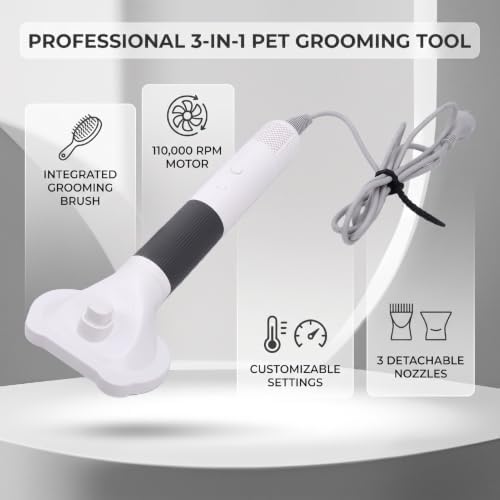 HEEPDD Handheld 3 in 1 Dog Grooming Dryer, 110000 RPM, 50dB | Deshedding Brush Comb Nozzles, Fast Water Removal Bath Time, Gentle Heat Anxious Pets, Non Slip Grip Home Use