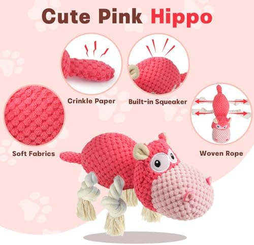 TOOPTATE Hippo Squeaky Dog Toy, Pink, Medium | Cute Plush Design, Rope Legs for Tugging, Helps Keep Dogs Busy, Suitable for Small, Medium, and Large Dogs