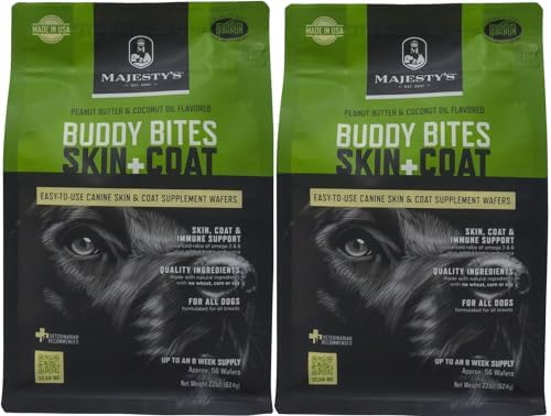 Majesty's Buddy Bites Skin and Coat Wafers for All Dogs - Superior Skin, Coat, and Immune Support Supplement - Peanut Butter and Coconut Oil Flavored - 2 Pack (112 Count Total)