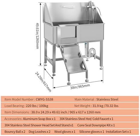 38" Pet Dog Bathing Station W/Stairs, Professional Stainless Steel Dog Grooming Tub W/Soap Box, Faucet,Rich Accessory, Dog Bathtub for Large,Medium,Small Pets, Washing Sink for Home,Left Door