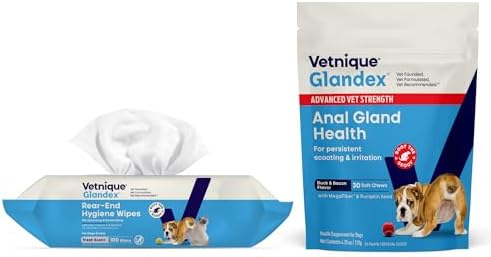 Glandex Anal Gland Hygienic Pet Wipes 100 Ct Advanced Vet-Strength Chews 30 Ct Bundle Dog Cleaning Wipes with Fresh Scent, Vet-Strength Anal Gland Supplement for Dogs with Extra Fiber