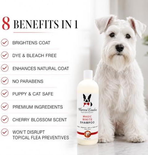 Warren London Magic White Dog Shampoo | Whitening Shampoo for White Dogs & Lighter Dog Coats | Puppy and Cat Safe Grooming Supplies | Cherry Scent | Made in USA | 17oz