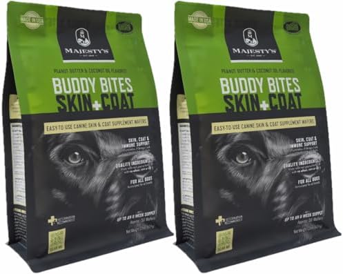 Majesty's Buddy Bites Skin and Coat Wafers for All Dogs - Superior Skin, Coat, and Immune Support Supplement - Peanut Butter and Coconut Oil Flavored - 2 Pack (112 Count Total)