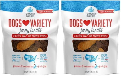 Farmland Traditions Dogs Love Jerky Dog Treats, Premium Dog Jerky Variety Pack with Chicken, Beef & Turkey, 3 Pound Bag (Pack of 2)